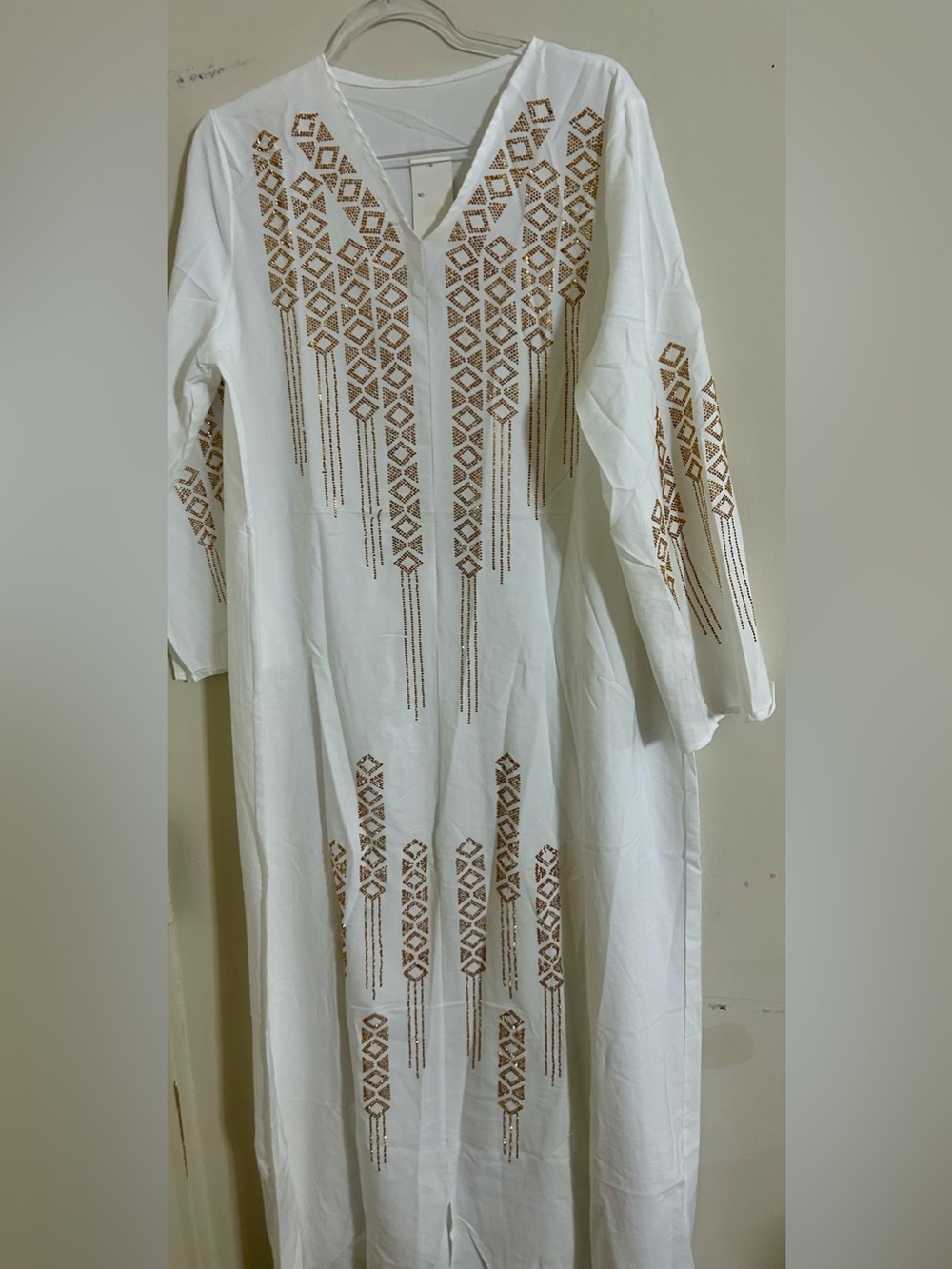 White Embroidered Maxi Dress with Gold Geometric Trim